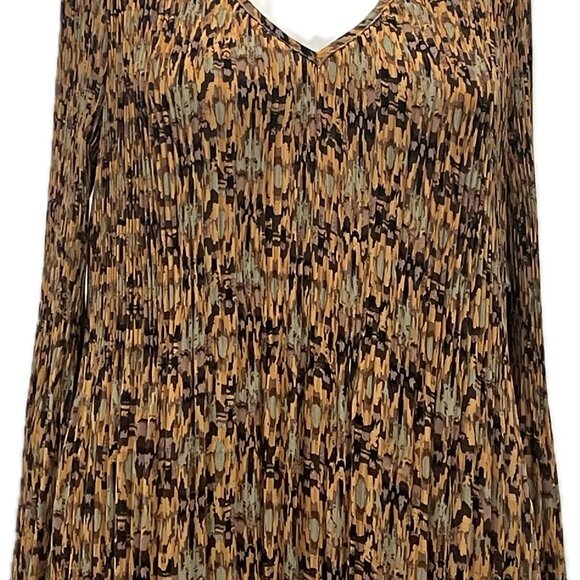 Black Tape Abstract Geometric Pleated Mini Dress Long Sleeve Neutral Earth Tones - Picture 4 of 10